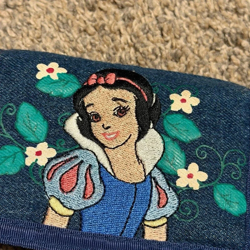 Vintage Disney Snow White Denim Wallet Embroidered Princess Blue Trifold Floral